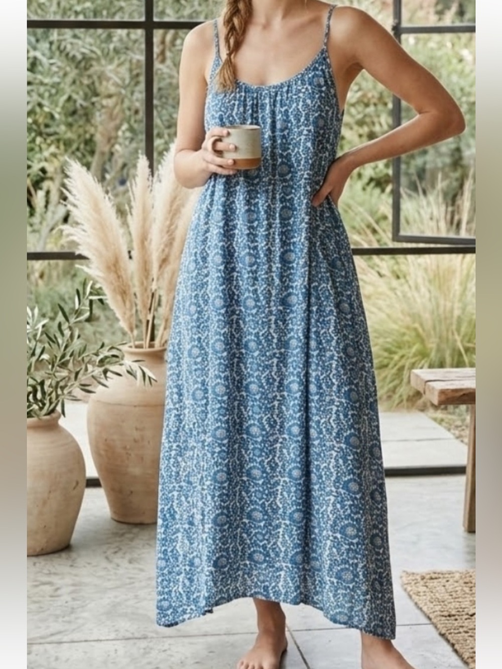 NATURAL LIFE Coco Cotton Coverup  Midi Blue Floral Vines Dress Boho Flowy